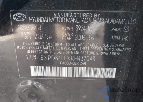 2019 Hyundai Elantra Sel z USA, uszkodzony, nr VIN 5NPD84LFXKH437043